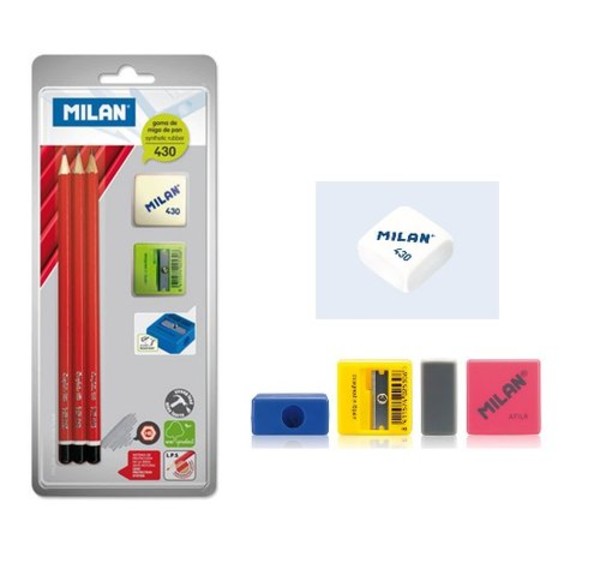 3 ołówki HB MILAN + gumka 430 + temperówka AFILA kwadratowa na blistrze