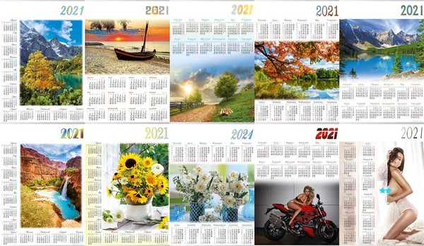 Kalendarz 2021 jednoplanszowy 10 sztuk (mix wzorów)