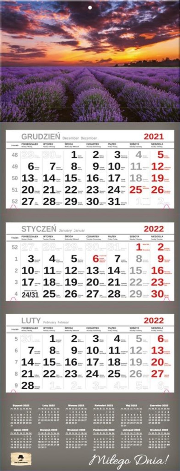 Kalendarz 2022 trójdzielny Premium Lawenda