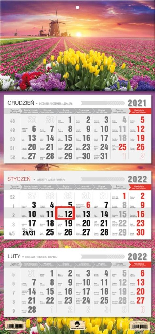 Kalendarz 2022 trójdzielny Tulipany