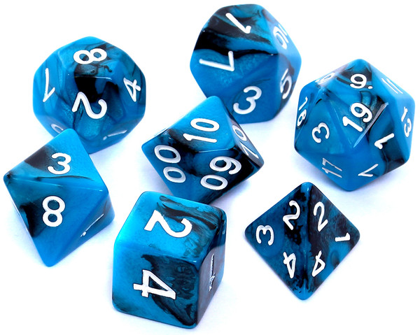 Komplet kości REBEL RPG Dwukolorowe Czarno-niebieskie Zestaw siedmiu kości do gier fabularnych