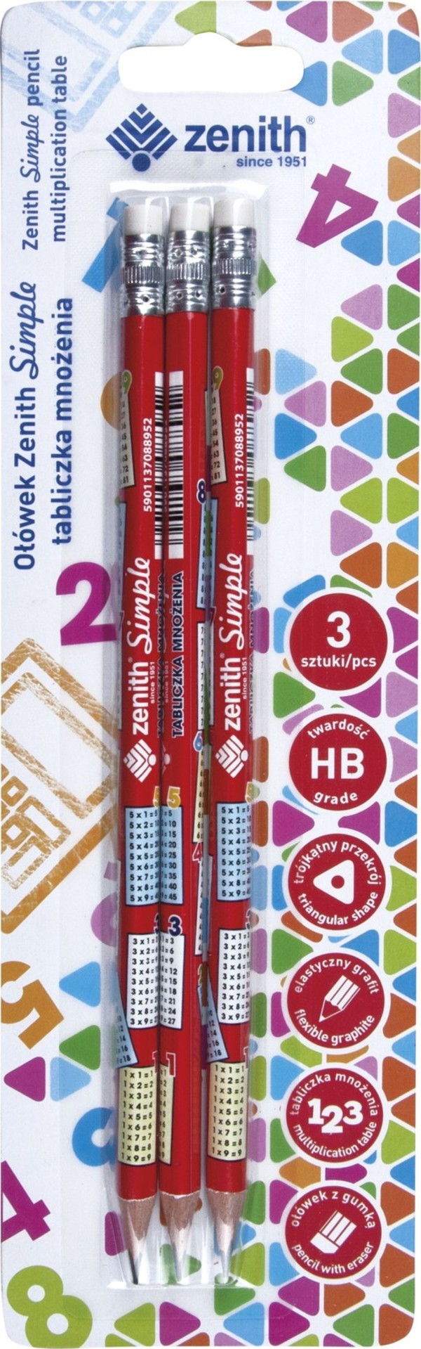 Ołówek Zenith Simple tabliczka mnożenia blister 3 sztuki