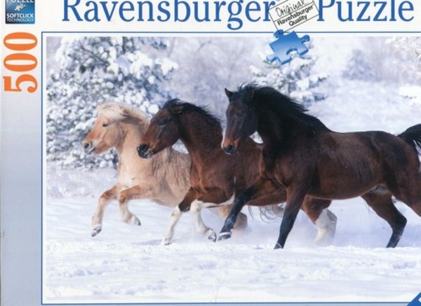 Konie galopujące w śniegu