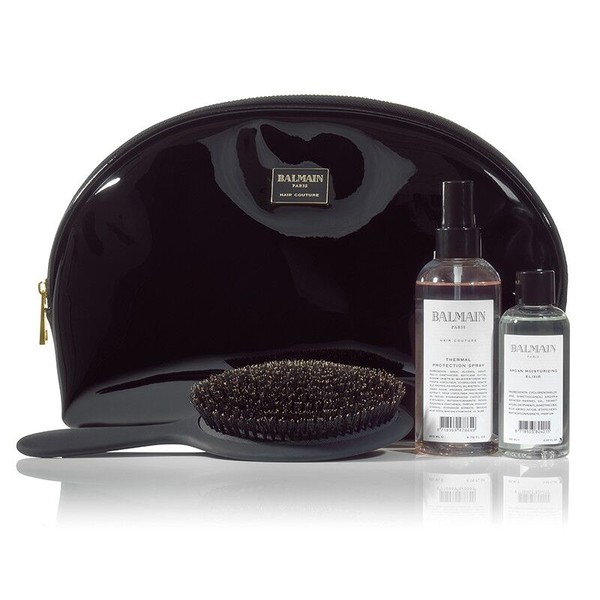 SET Limited Edition Cosmetic Bag Zestaw duża czarna lakierowana kosmetyczka + Thermal Spray + Argan Elixir + szczotka z włosia dzika