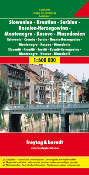 Slowenien Kroatien Serbien Bosnien Herzegowina Autokarte / Słowenia Chorwacja Serbia Bośnia i Hercegowina Czarnogóra Kosowo Macedonia Mapa samochodowa Skala 1:600 000