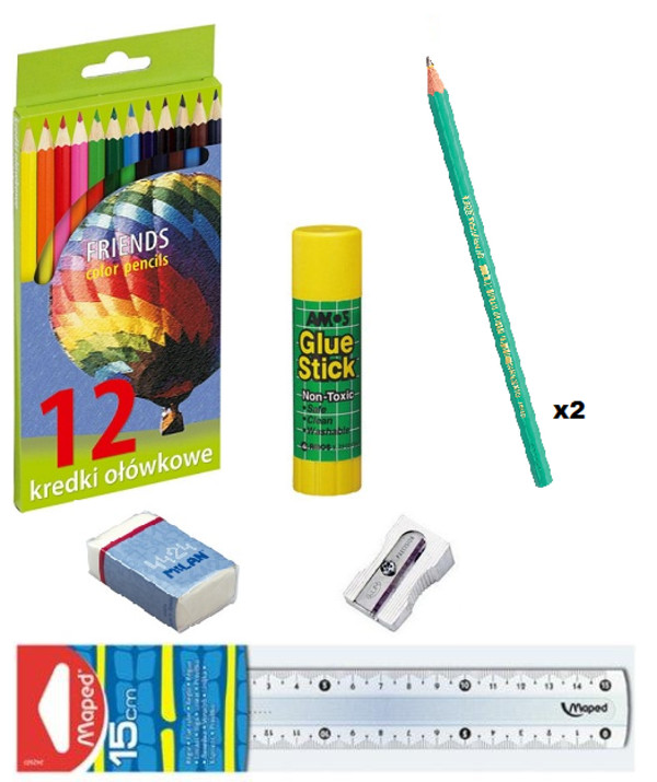Wyprawka szkolna dla młodych żaków kredki, linijka, 2x ołówek, gumka, temperówka, klej