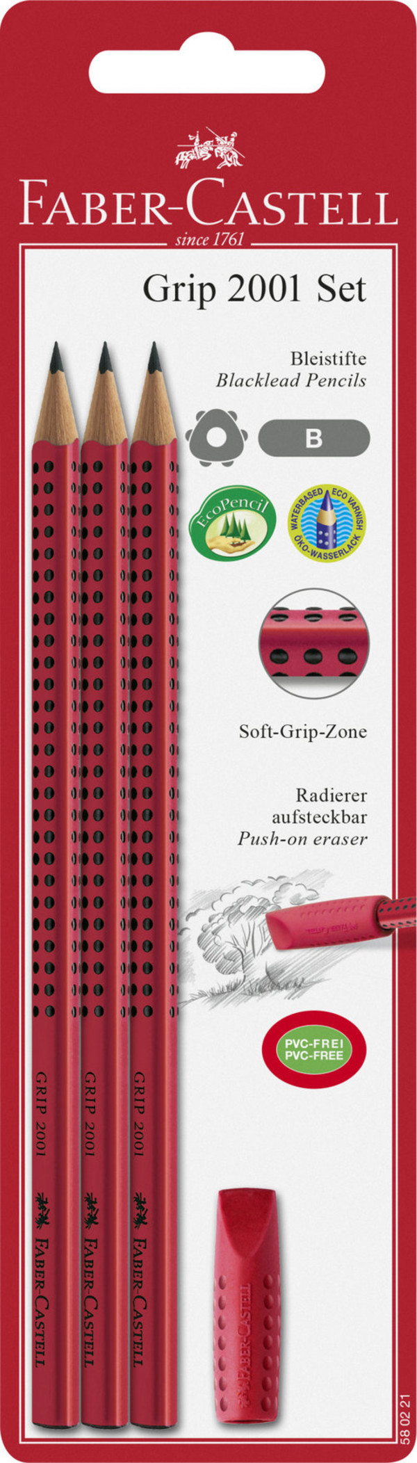 Zestaw Grip 2001 B 3xOłówek+Gumka Czerwony Faber-Castell